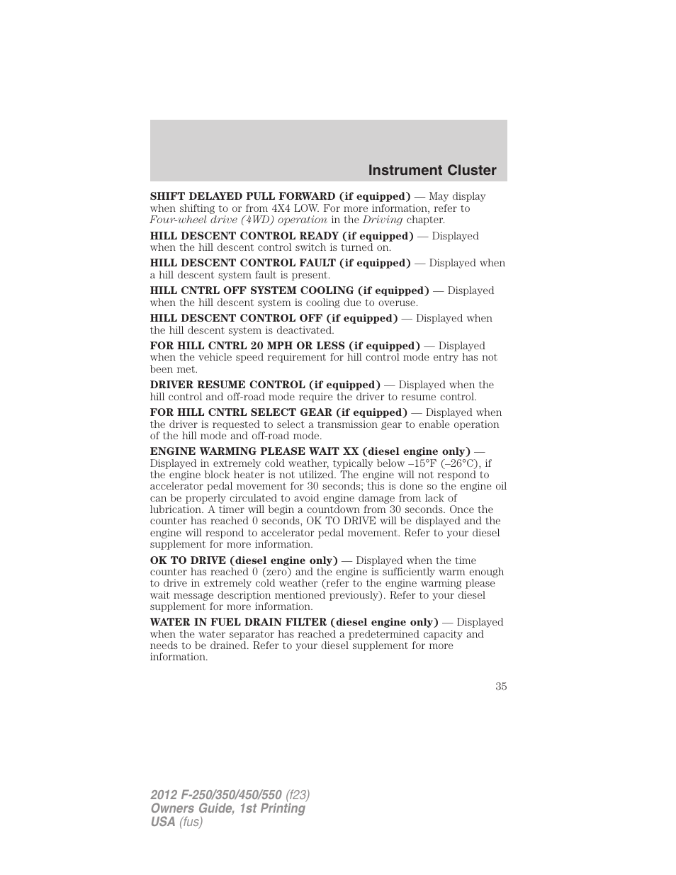 Instrument cluster | FORD 2012 F-550 v.1 User Manual | Page 35 / 454