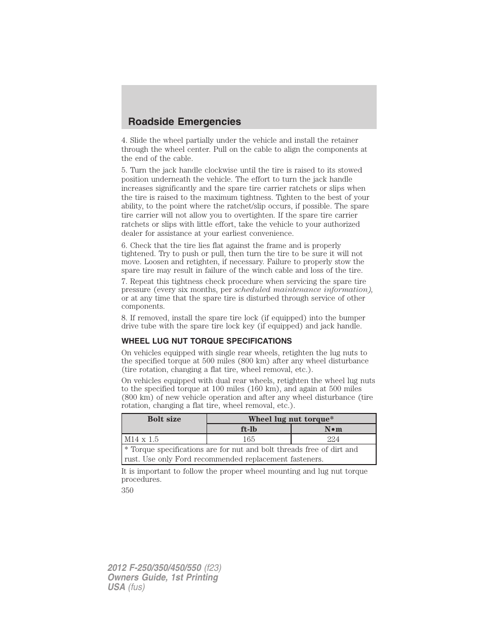 Wheel lug nut torque specifications, Wheel lug nut torque, Roadside emergencies | FORD 2012 F-550 v.1 User Manual | Page 350 / 454