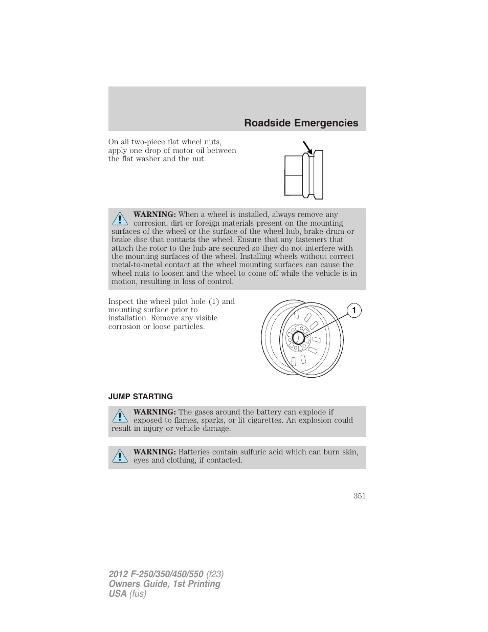 Jump starting, Roadside emergencies | FORD 2012 F-550 v.1 User Manual | Page 351 / 454
