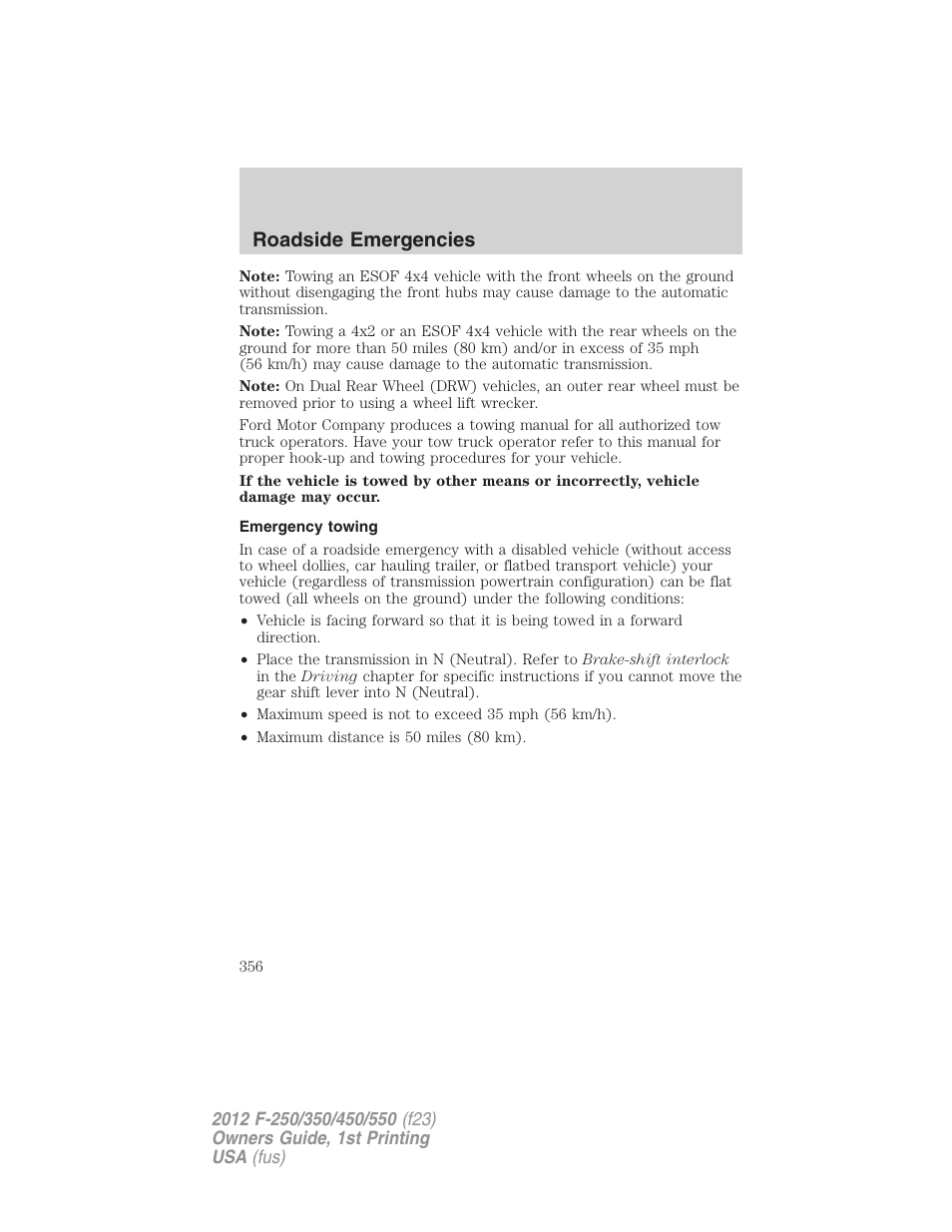 Emergency towing, Roadside emergencies | FORD 2012 F-550 v.1 User Manual | Page 356 / 454