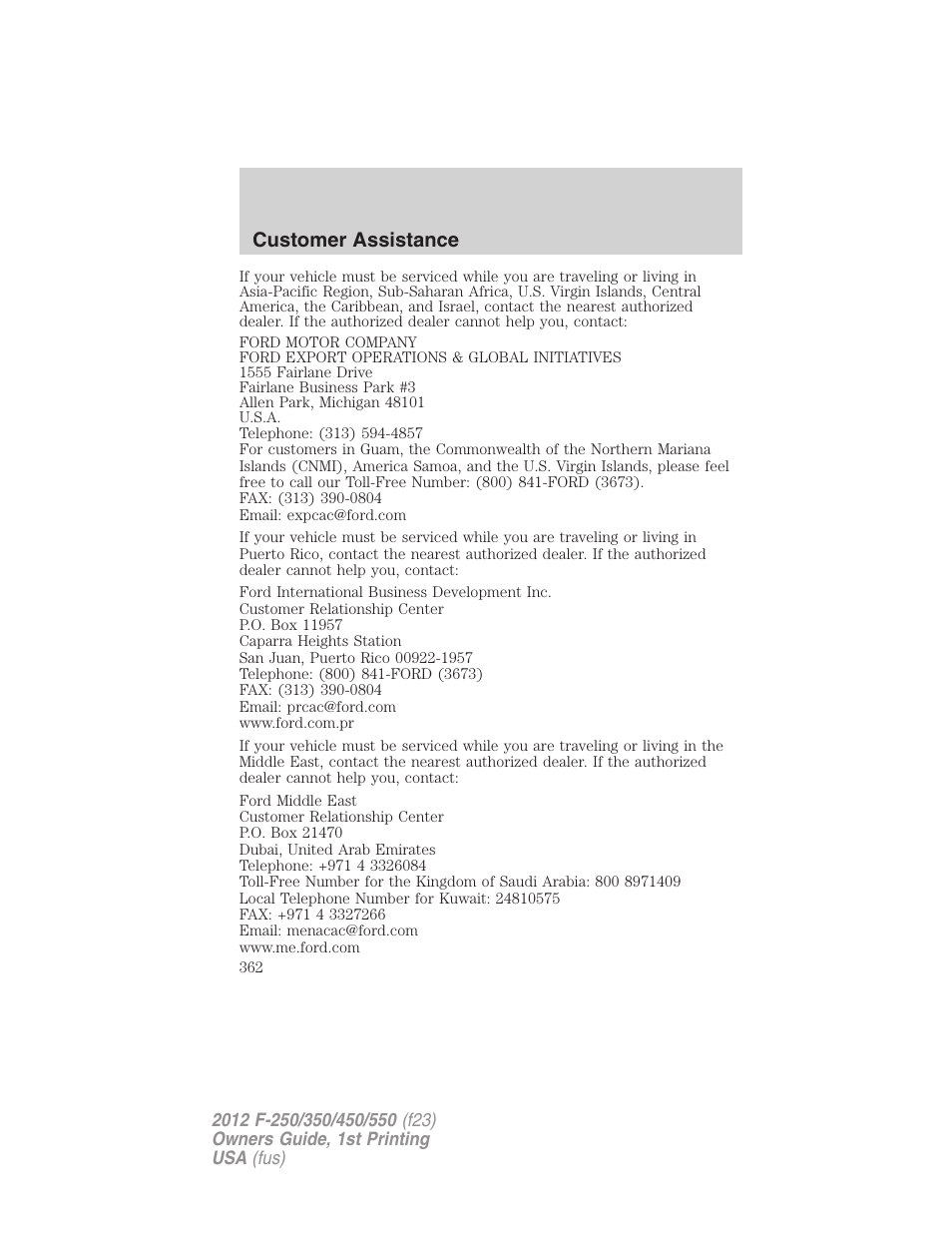 Customer assistance | FORD 2012 F-550 v.1 User Manual | Page 362 / 454