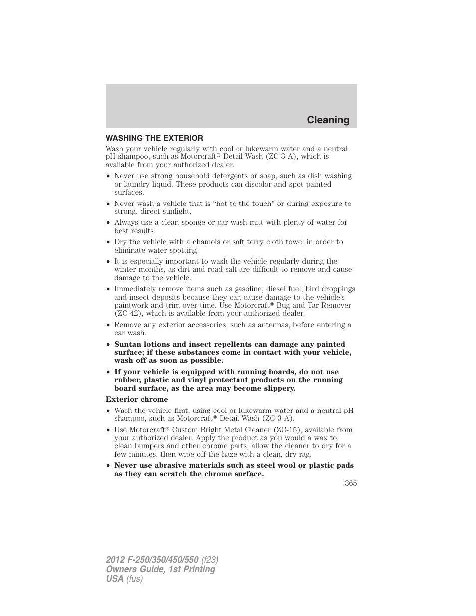 Cleaning, Washing the exterior | FORD 2012 F-550 v.1 User Manual | Page 365 / 454