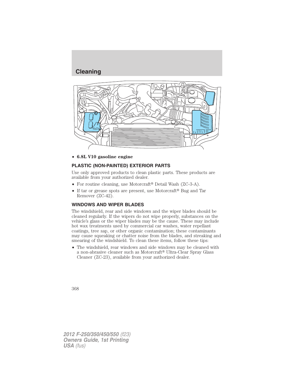 Plastic (non-painted) exterior parts, Windows and wiper blades, Cleaning | FORD 2012 F-550 v.1 User Manual | Page 368 / 454