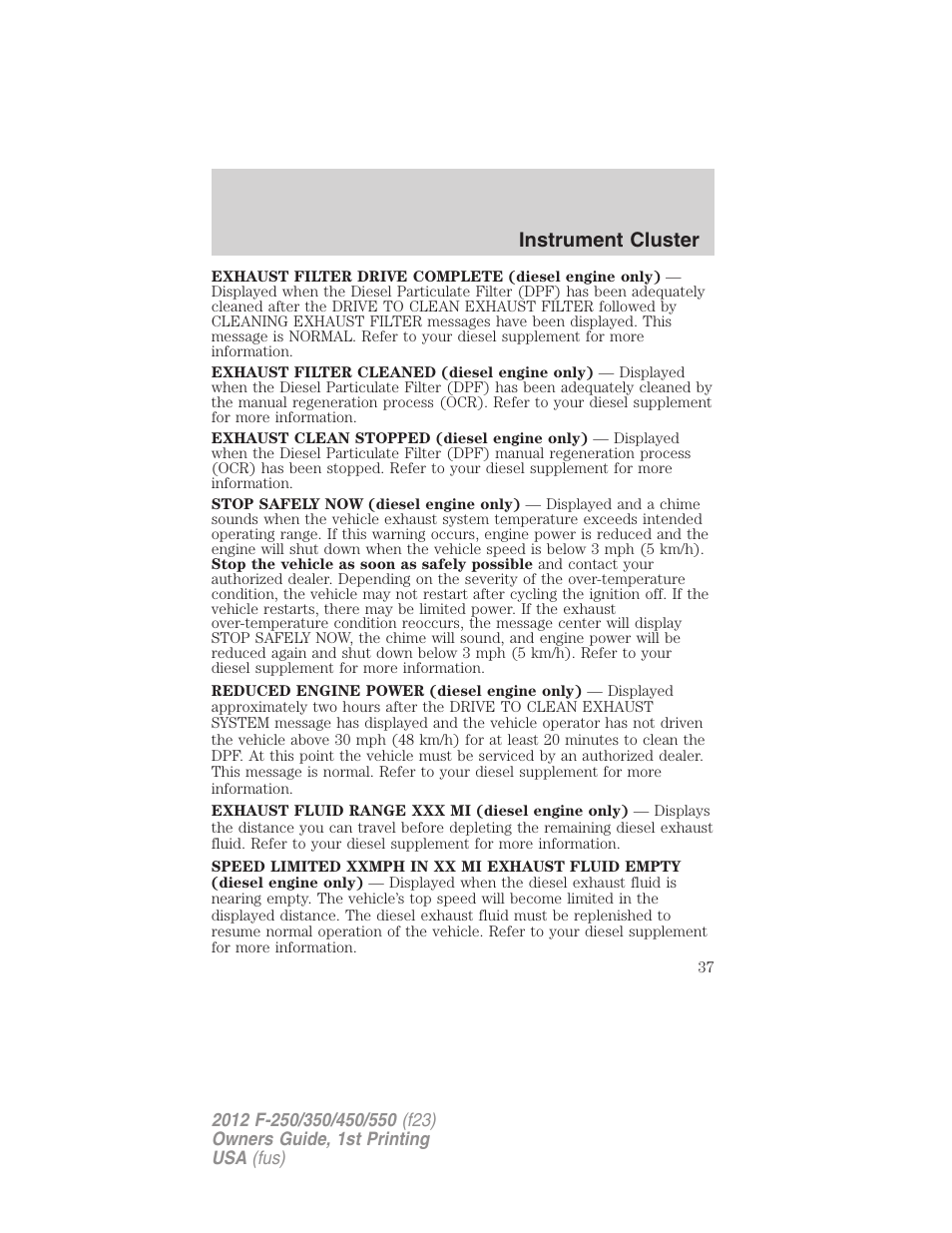Instrument cluster | FORD 2012 F-550 v.1 User Manual | Page 37 / 454