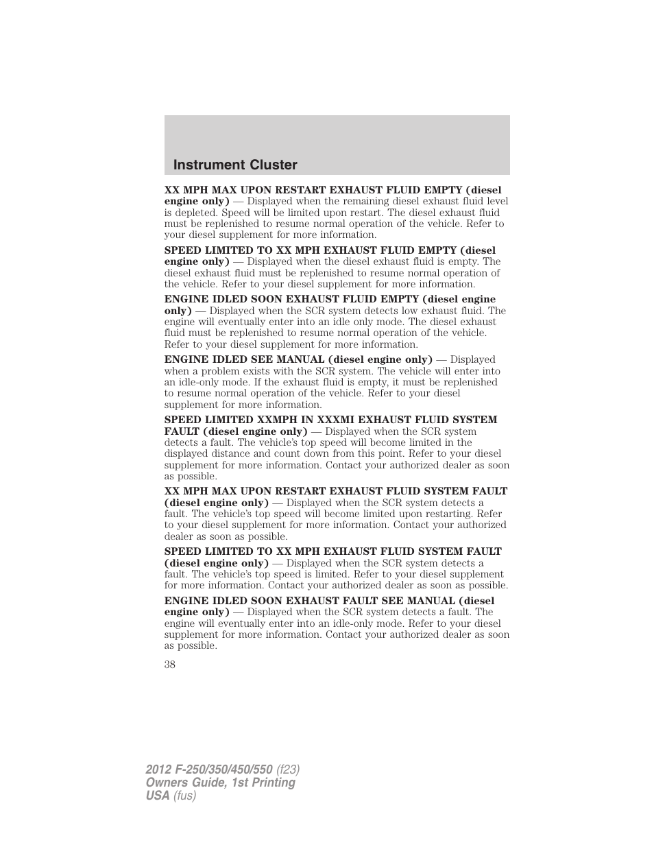 Instrument cluster | FORD 2012 F-550 v.1 User Manual | Page 38 / 454
