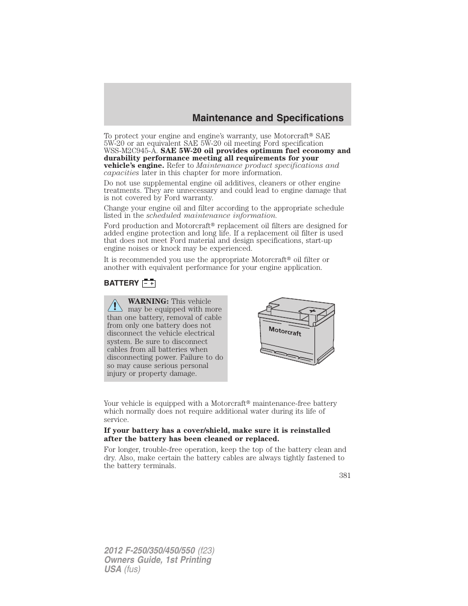 Battery, Maintenance and specifications | FORD 2012 F-550 v.1 User Manual | Page 381 / 454