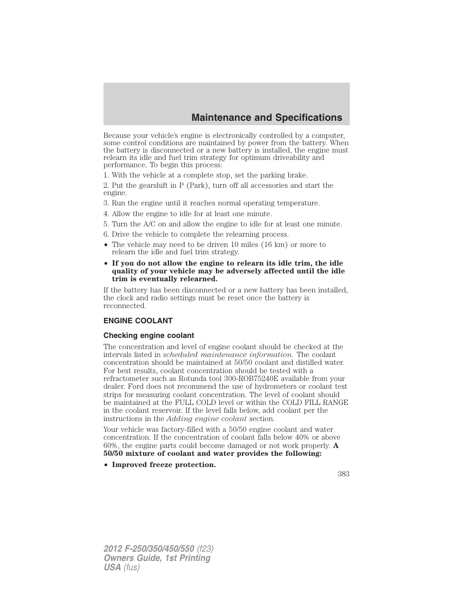 Engine coolant, Checking engine coolant, Maintenance and specifications | FORD 2012 F-550 v.1 User Manual | Page 383 / 454