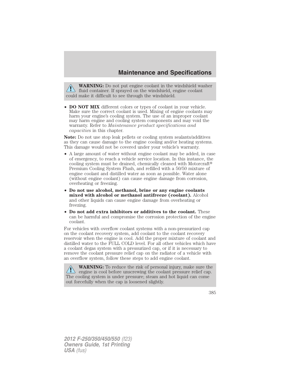 Maintenance and specifications | FORD 2012 F-550 v.1 User Manual | Page 385 / 454