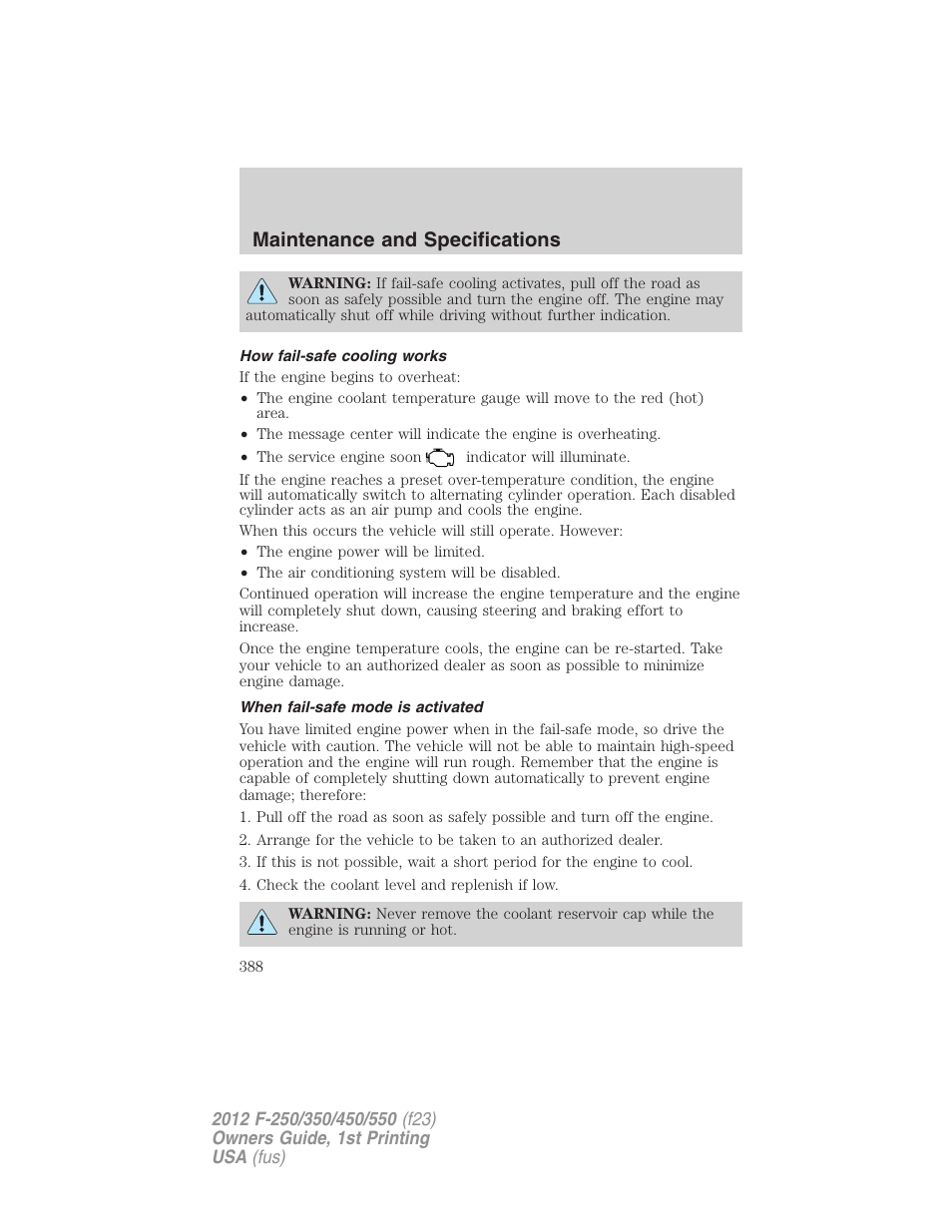 How fail-safe cooling works, When fail-safe mode is activated, Maintenance and specifications | FORD 2012 F-550 v.1 User Manual | Page 388 / 454