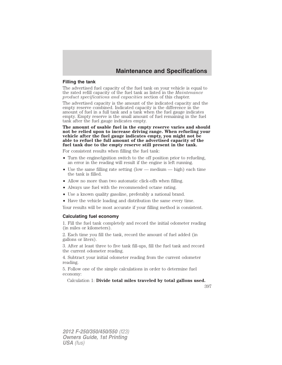 Filling the tank, Calculating fuel economy, Maintenance and specifications | FORD 2012 F-550 v.1 User Manual | Page 397 / 454