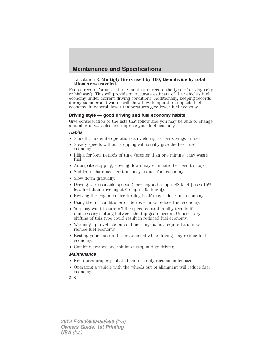 Habits, Maintenance, Maintenance and specifications | FORD 2012 F-550 v.1 User Manual | Page 398 / 454