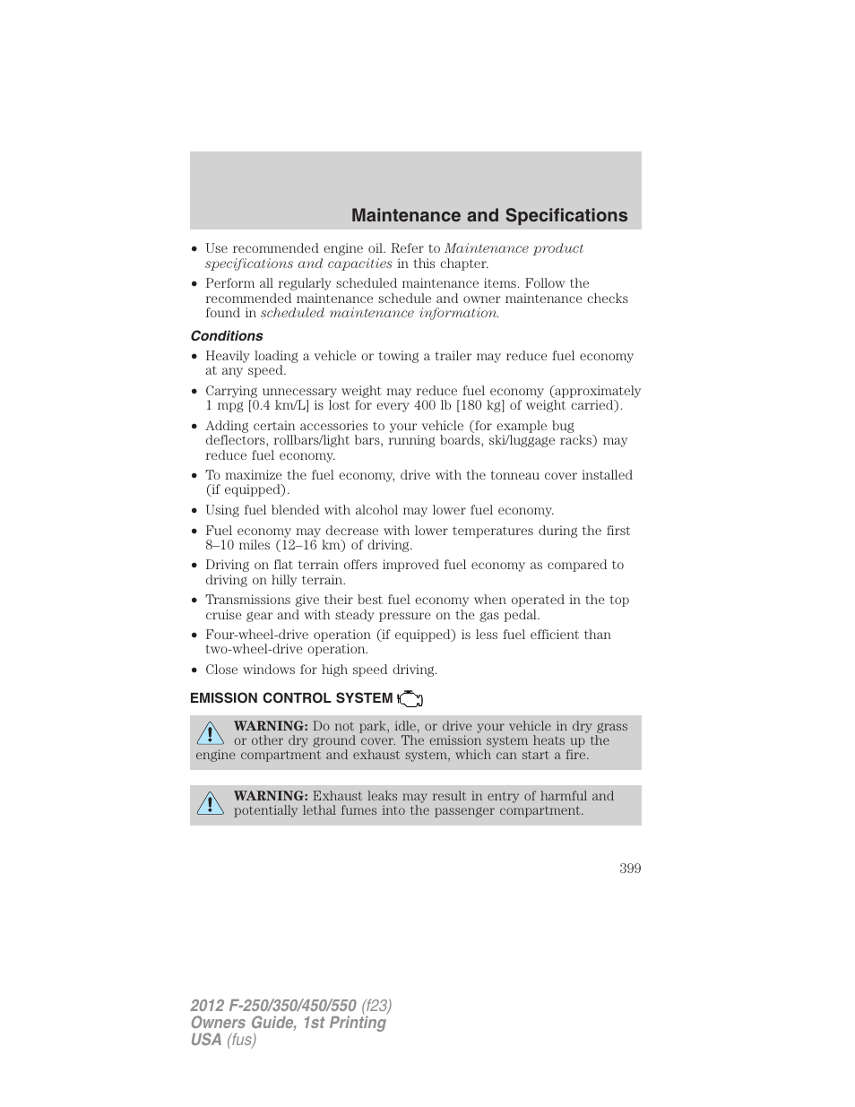 Conditions, Emission control system, Maintenance and specifications | FORD 2012 F-550 v.1 User Manual | Page 399 / 454