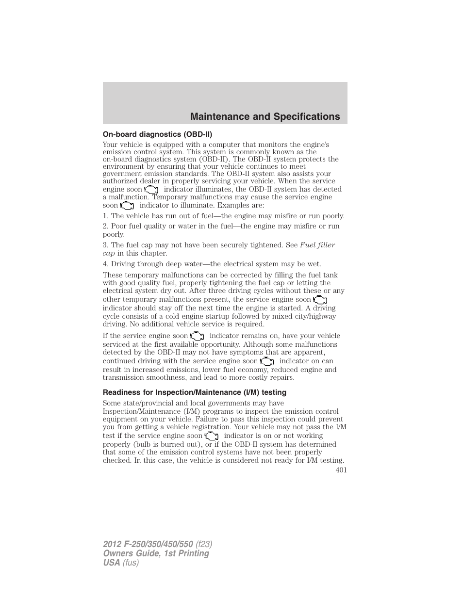 On-board diagnostics (obd-ii), Readiness for inspection/maintenance (i/m) testing, Maintenance and specifications | FORD 2012 F-550 v.1 User Manual | Page 401 / 454