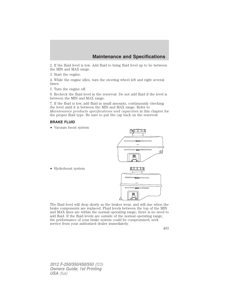 Brake fluid, Maintenance and specifications | FORD 2012 F-550 v.1 User Manual | Page 403 / 454