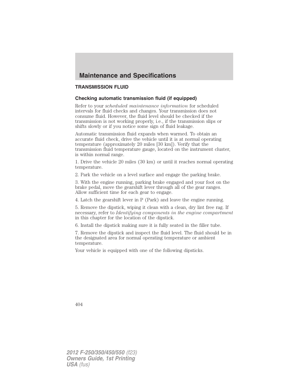 Transmission fluid, Maintenance and specifications | FORD 2012 F-550 v.1 User Manual | Page 404 / 454