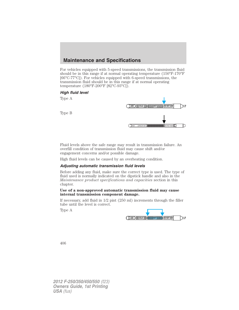 High fluid level, Adjusting automatic transmission fluid levels, Maintenance and specifications | FORD 2012 F-550 v.1 User Manual | Page 406 / 454