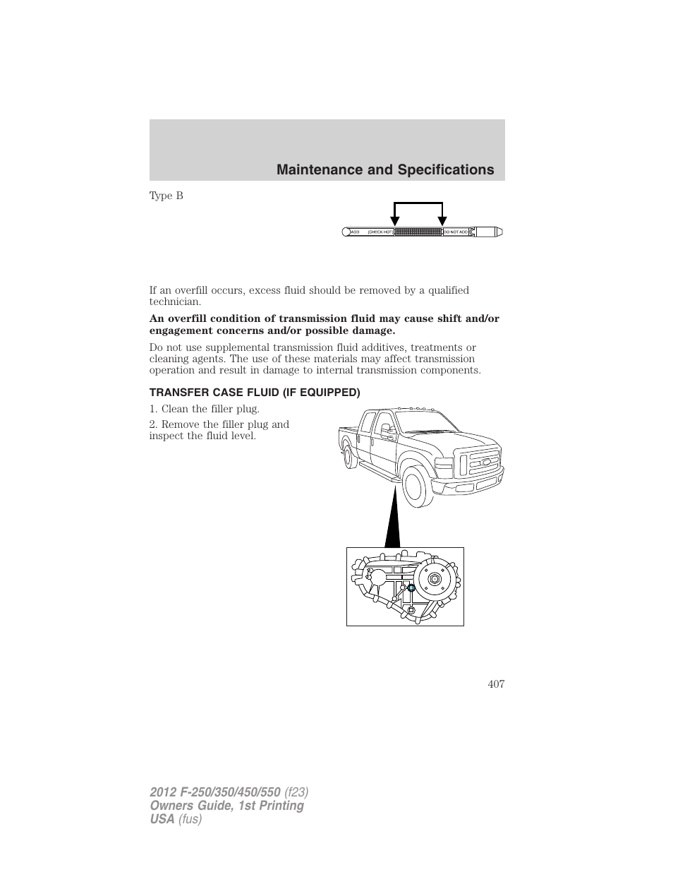 Transfer case fluid (if equipped), Maintenance and specifications | FORD 2012 F-550 v.1 User Manual | Page 407 / 454