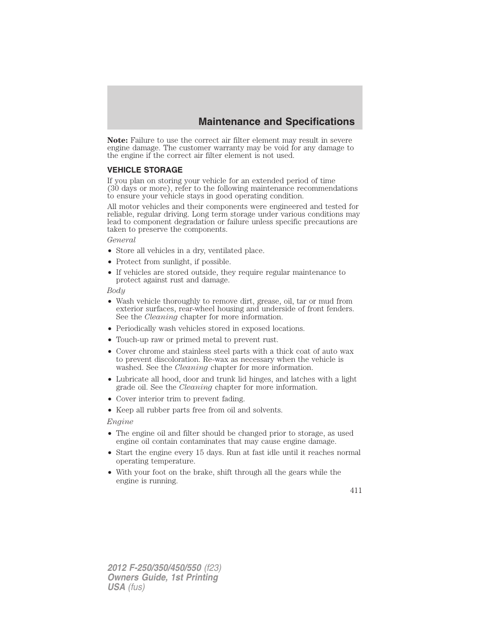 Vehicle storage, Maintenance and specifications | FORD 2012 F-550 v.1 User Manual | Page 411 / 454