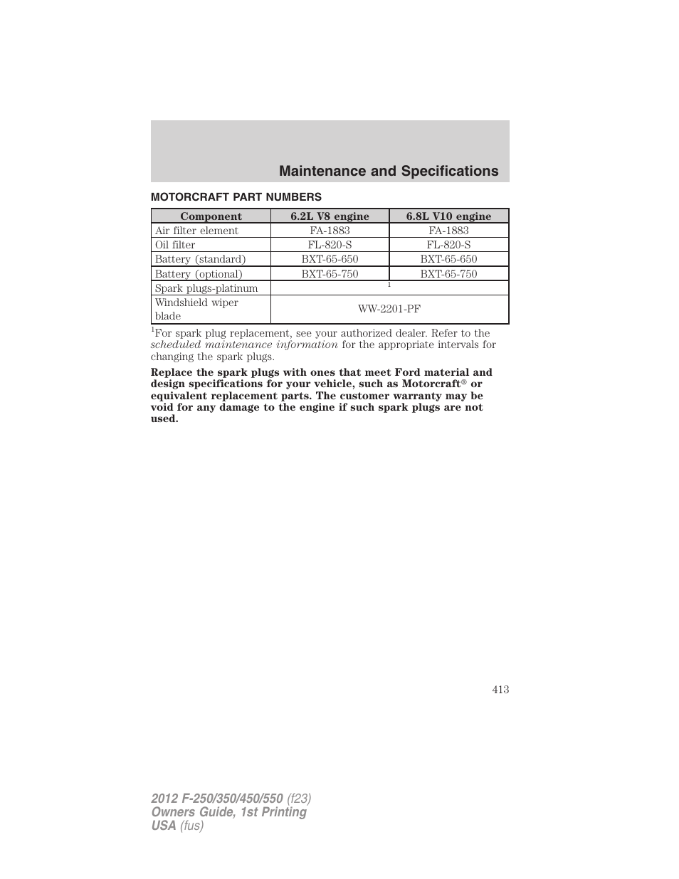 Motorcraft part numbers, Part numbers, Maintenance and specifications | FORD 2012 F-550 v.1 User Manual | Page 413 / 454