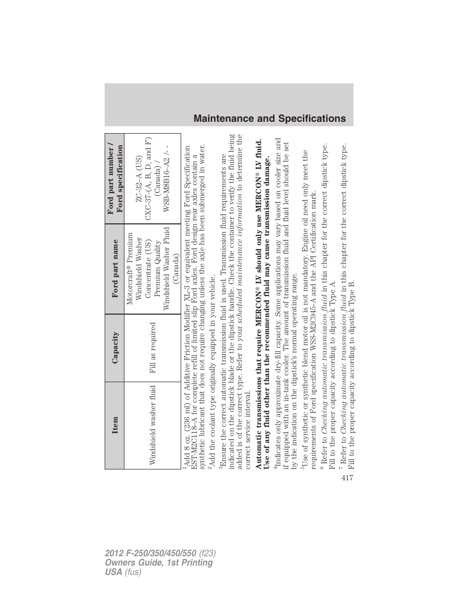 Maintenance and specifications | FORD 2012 F-550 v.1 User Manual | Page 417 / 454