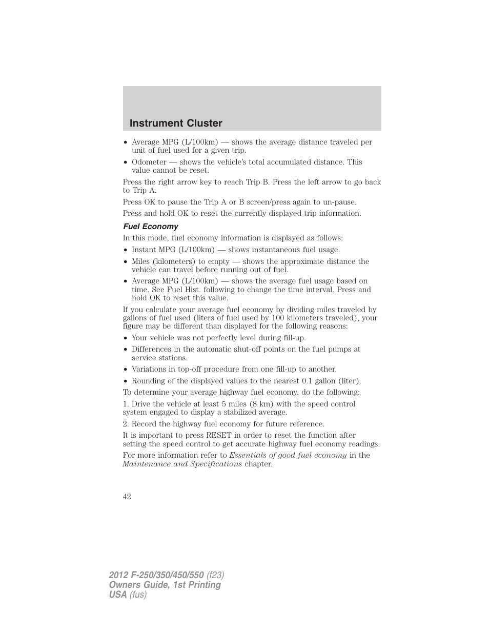 Fuel economy, Instrument cluster | FORD 2012 F-550 v.1 User Manual | Page 42 / 454