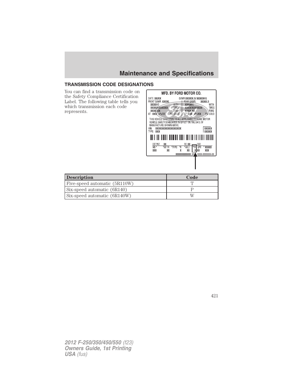 Transmission code designations, Maintenance and specifications | FORD 2012 F-550 v.1 User Manual | Page 421 / 454
