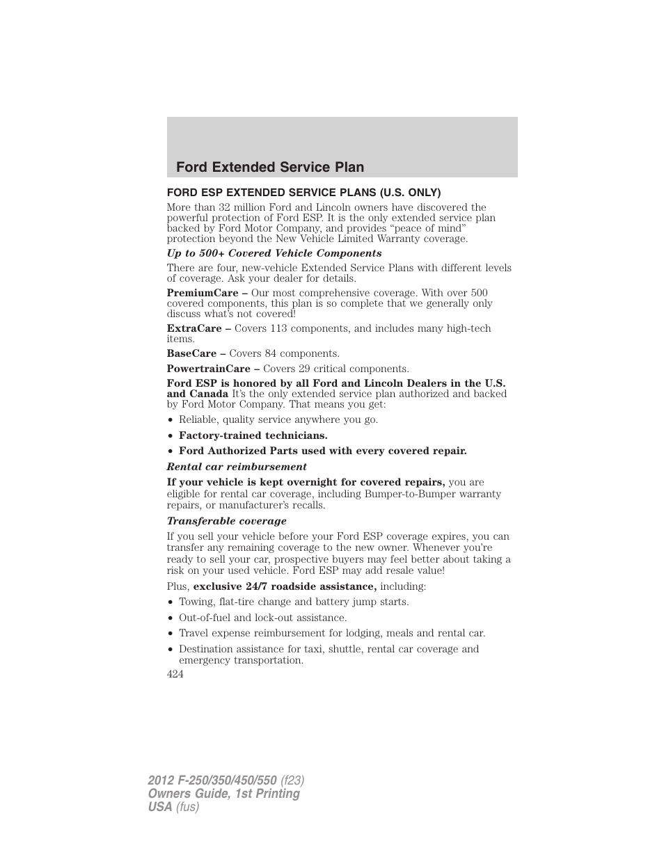 Ford extended service plan, Ford esp extended service plans (u.s. only) | FORD 2012 F-550 v.1 User Manual | Page 424 / 454