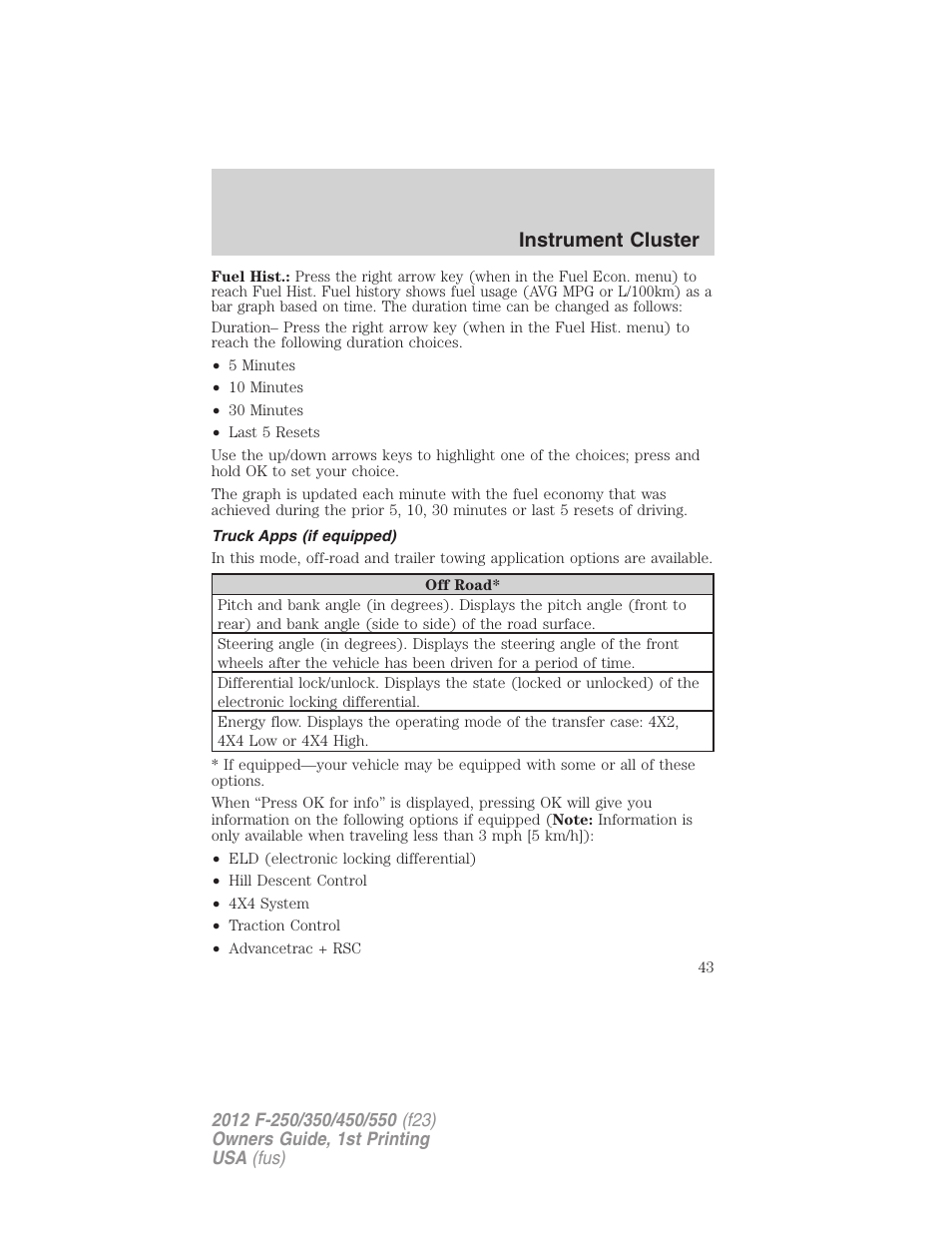 Truck apps (if equipped), Instrument cluster | FORD 2012 F-550 v.1 User Manual | Page 43 / 454