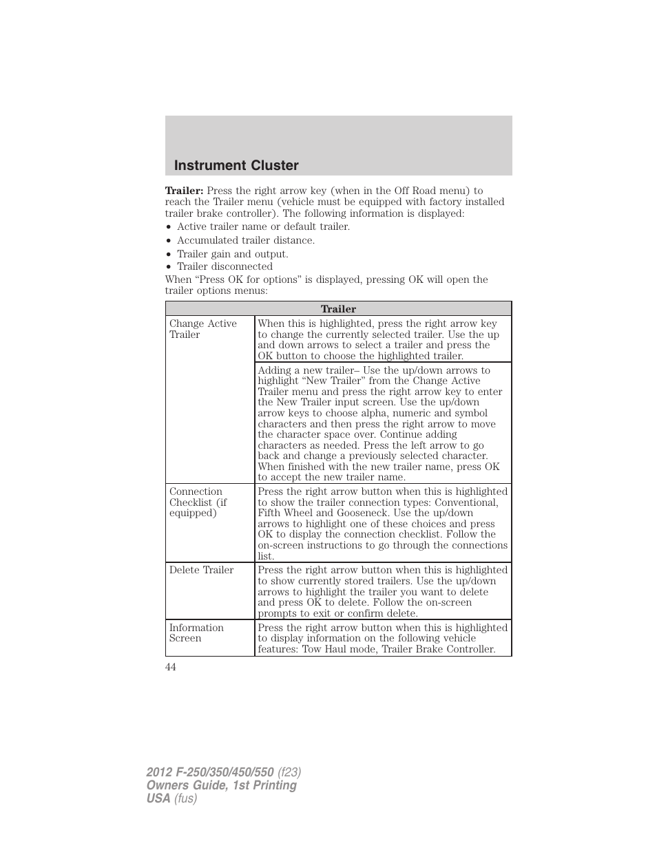 Instrument cluster | FORD 2012 F-550 v.1 User Manual | Page 44 / 454