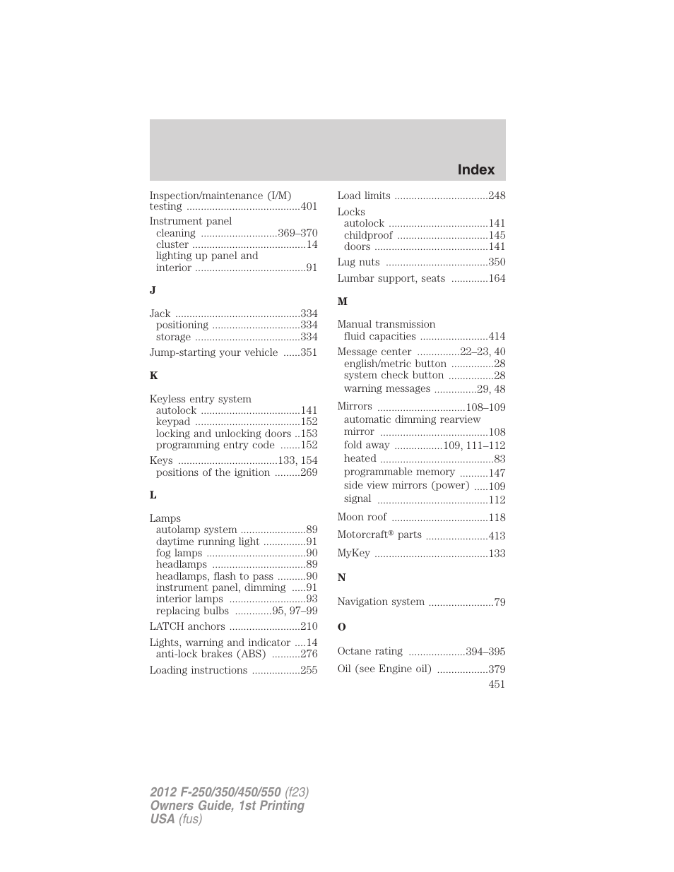 Index | FORD 2012 F-550 v.1 User Manual | Page 451 / 454