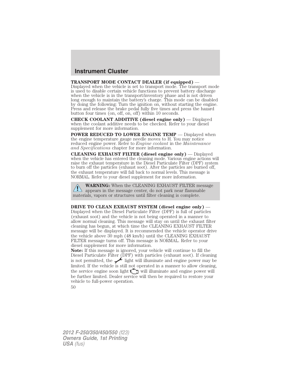 Instrument cluster | FORD 2012 F-550 v.1 User Manual | Page 50 / 454