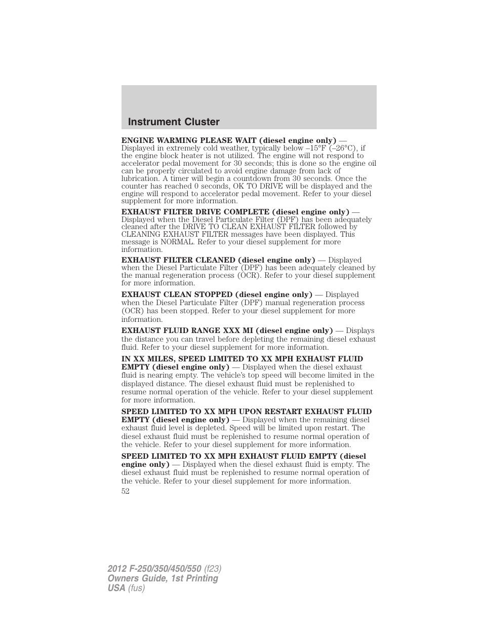 Instrument cluster | FORD 2012 F-550 v.1 User Manual | Page 52 / 454