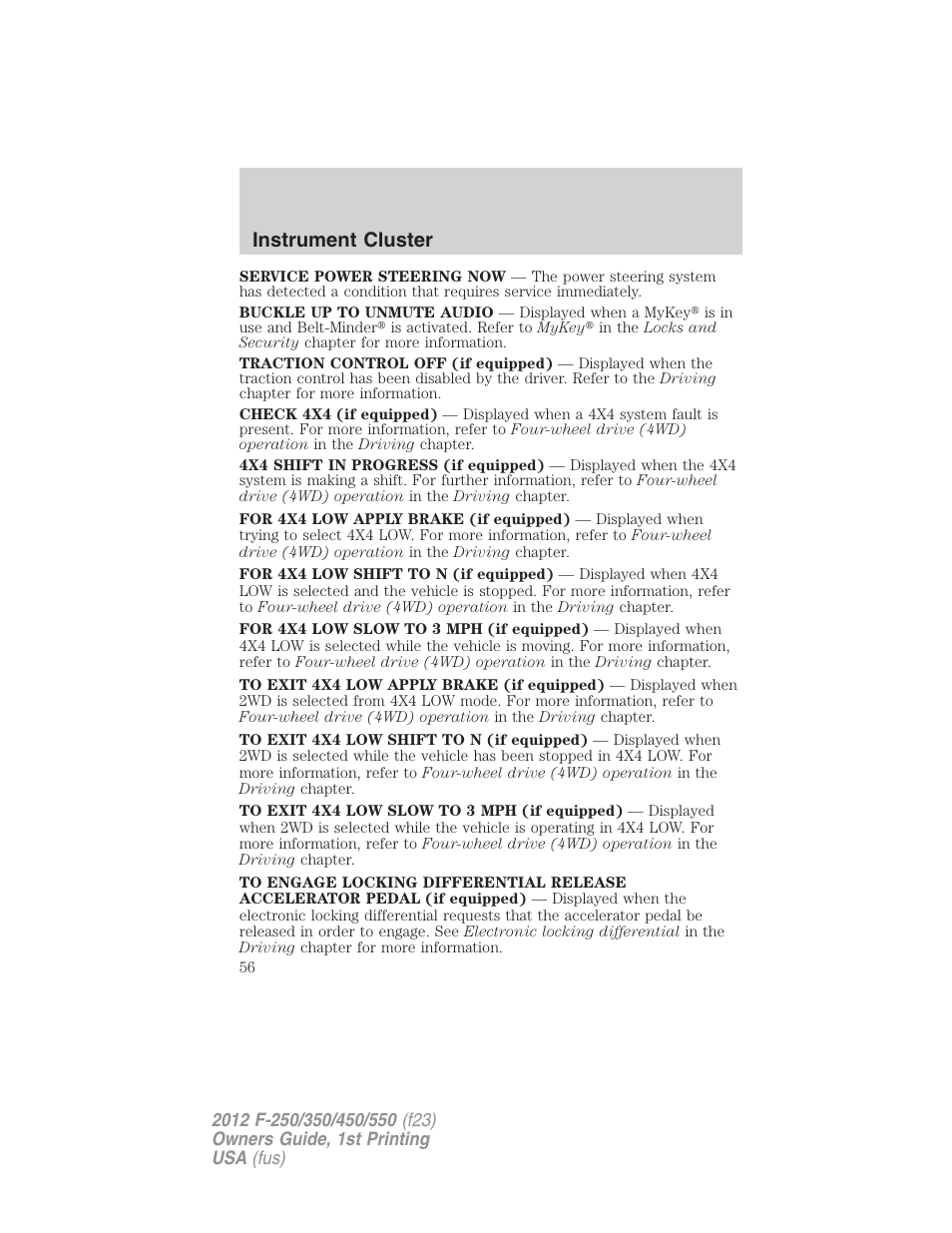Instrument cluster | FORD 2012 F-550 v.1 User Manual | Page 56 / 454