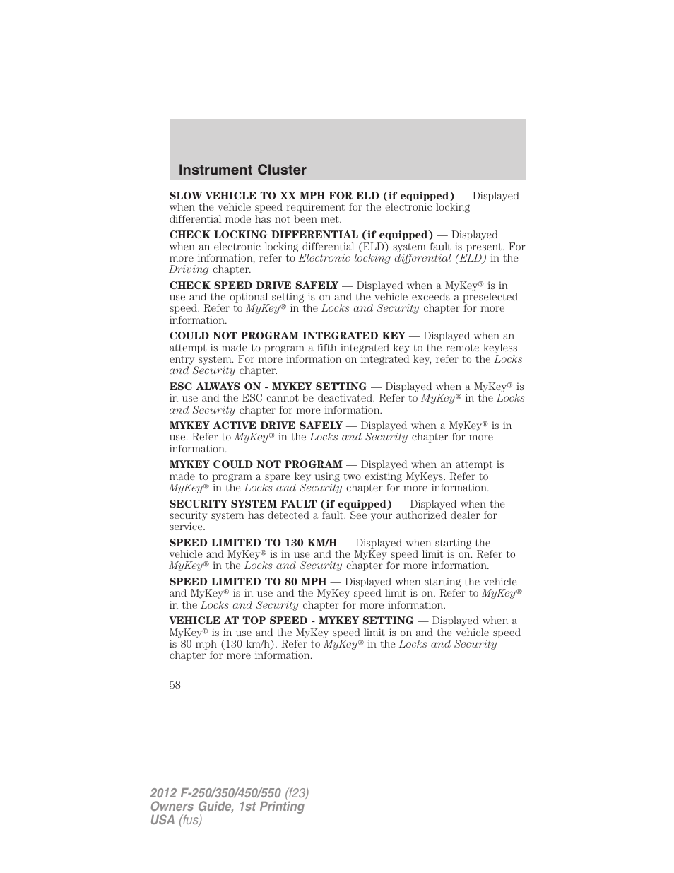 Instrument cluster | FORD 2012 F-550 v.1 User Manual | Page 58 / 454