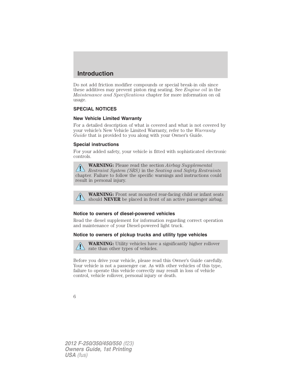 Special notices, New vehicle limited warranty, Special instructions | Notice to owners of diesel-powered vehicles, Introduction | FORD 2012 F-550 v.1 User Manual | Page 6 / 454