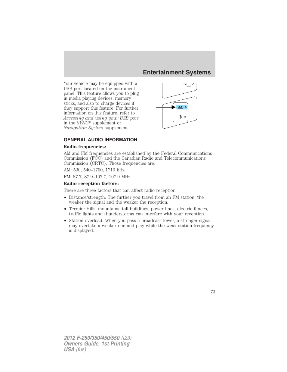 General audio information, Entertainment systems | FORD 2012 F-550 v.1 User Manual | Page 73 / 454
