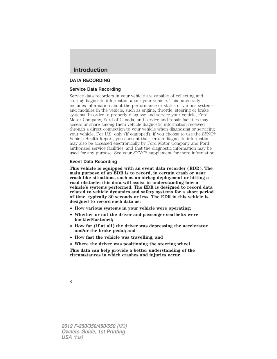 Data recording, Service data recording, Event data recording | Introduction | FORD 2012 F-550 v.1 User Manual | Page 8 / 454
