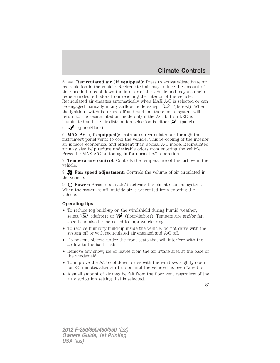 Operating tips, Climate controls | FORD 2012 F-550 v.1 User Manual | Page 81 / 454