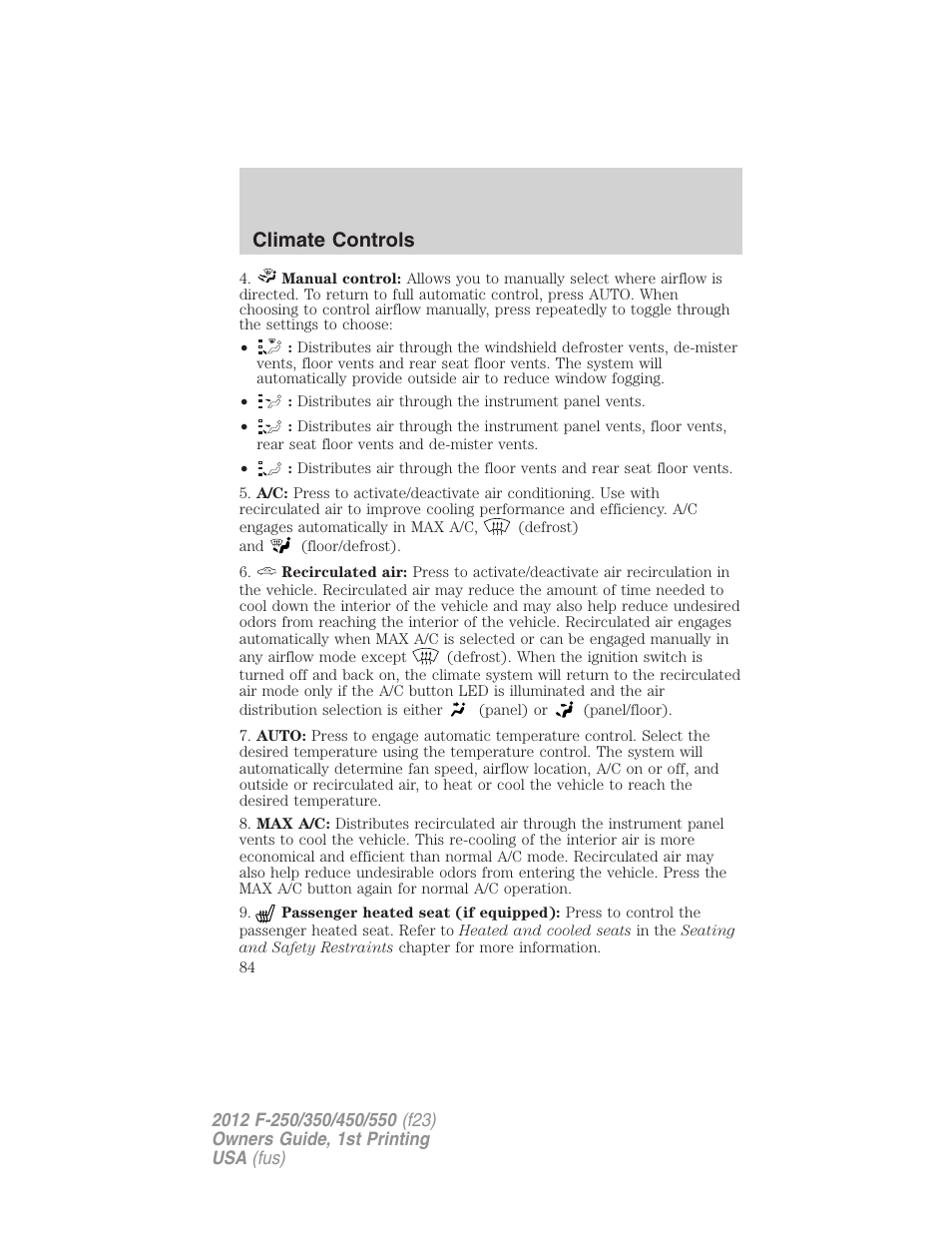 Climate controls | FORD 2012 F-550 v.1 User Manual | Page 84 / 454