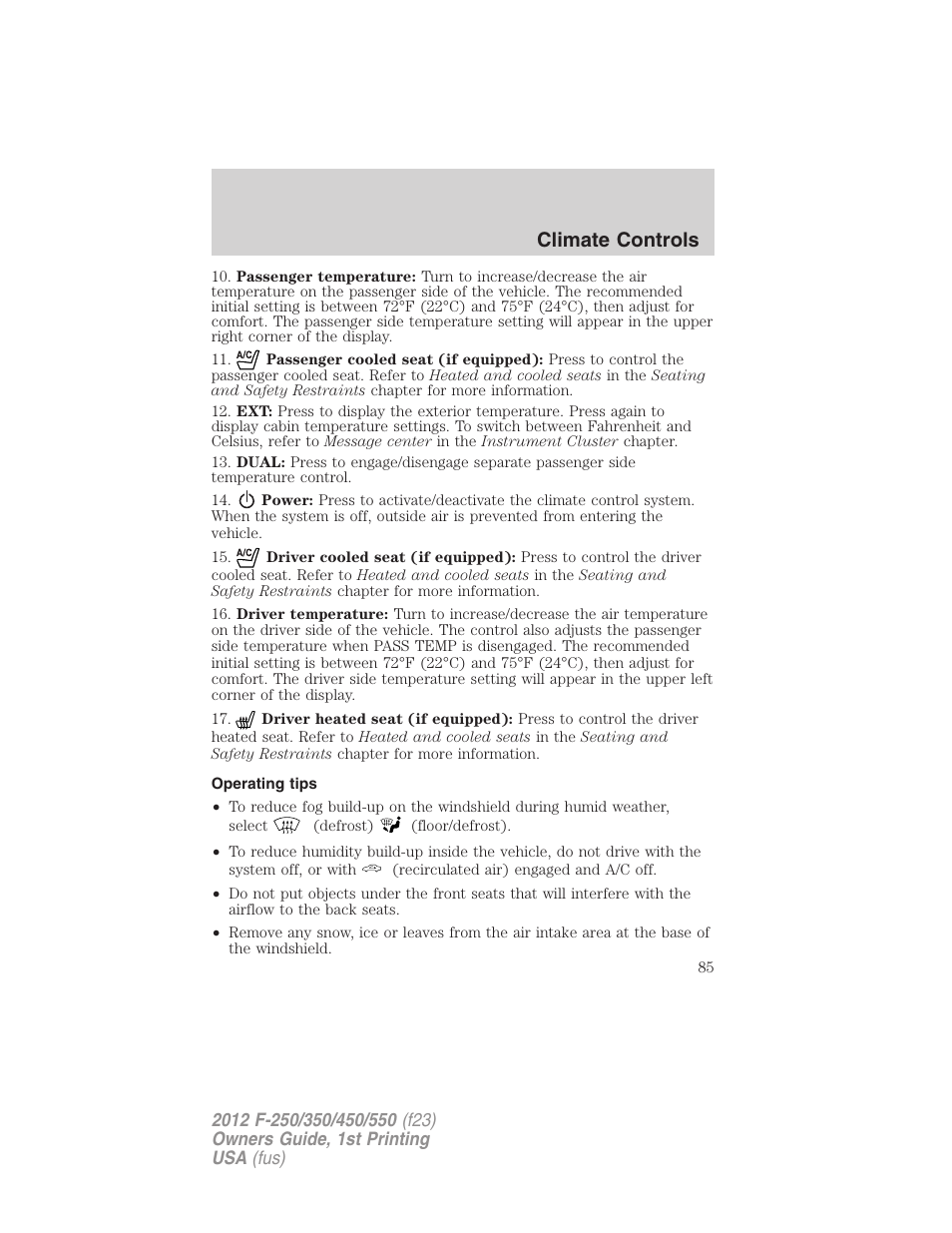 Operating tips, Climate controls | FORD 2012 F-550 v.1 User Manual | Page 85 / 454