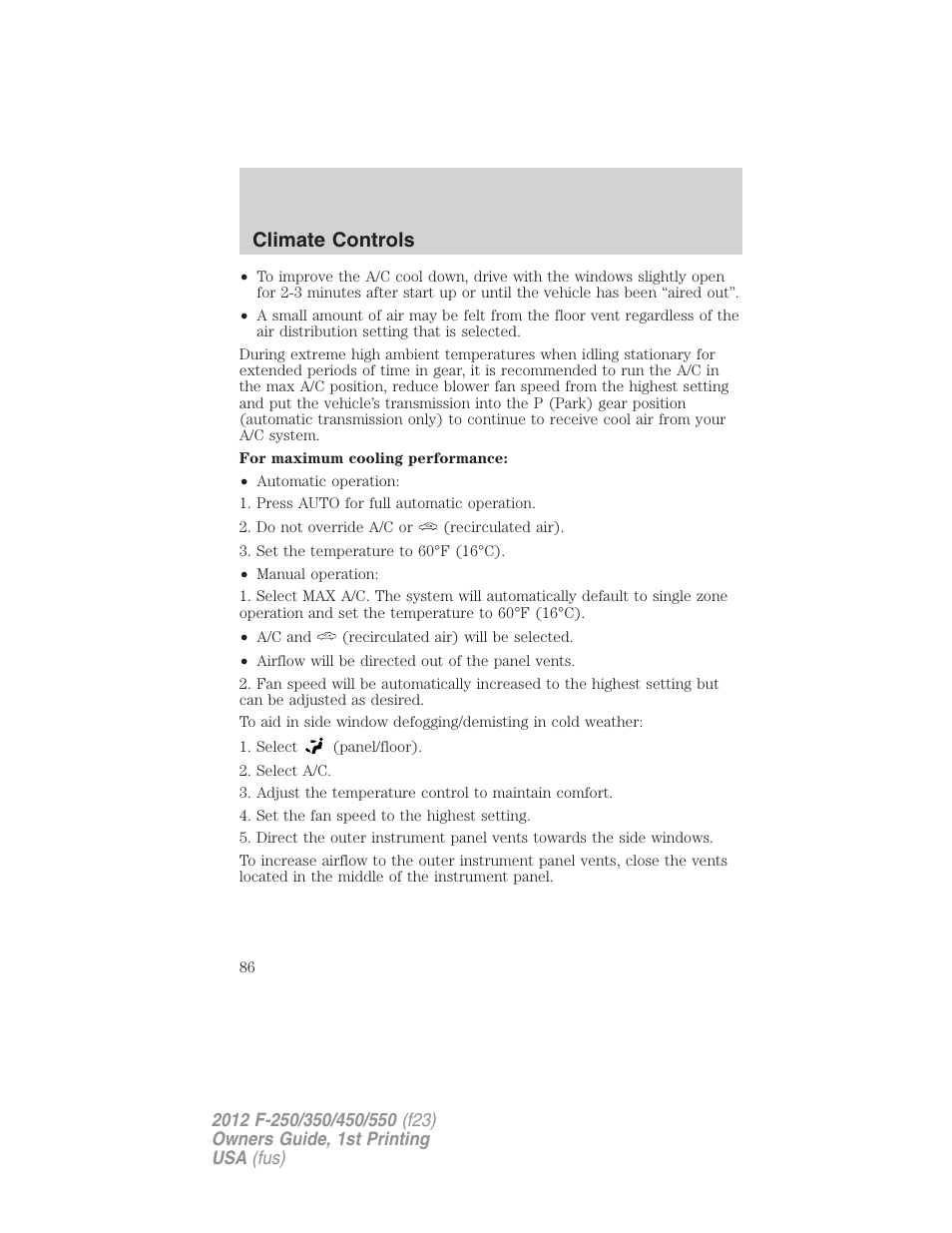 Climate controls | FORD 2012 F-550 v.1 User Manual | Page 86 / 454