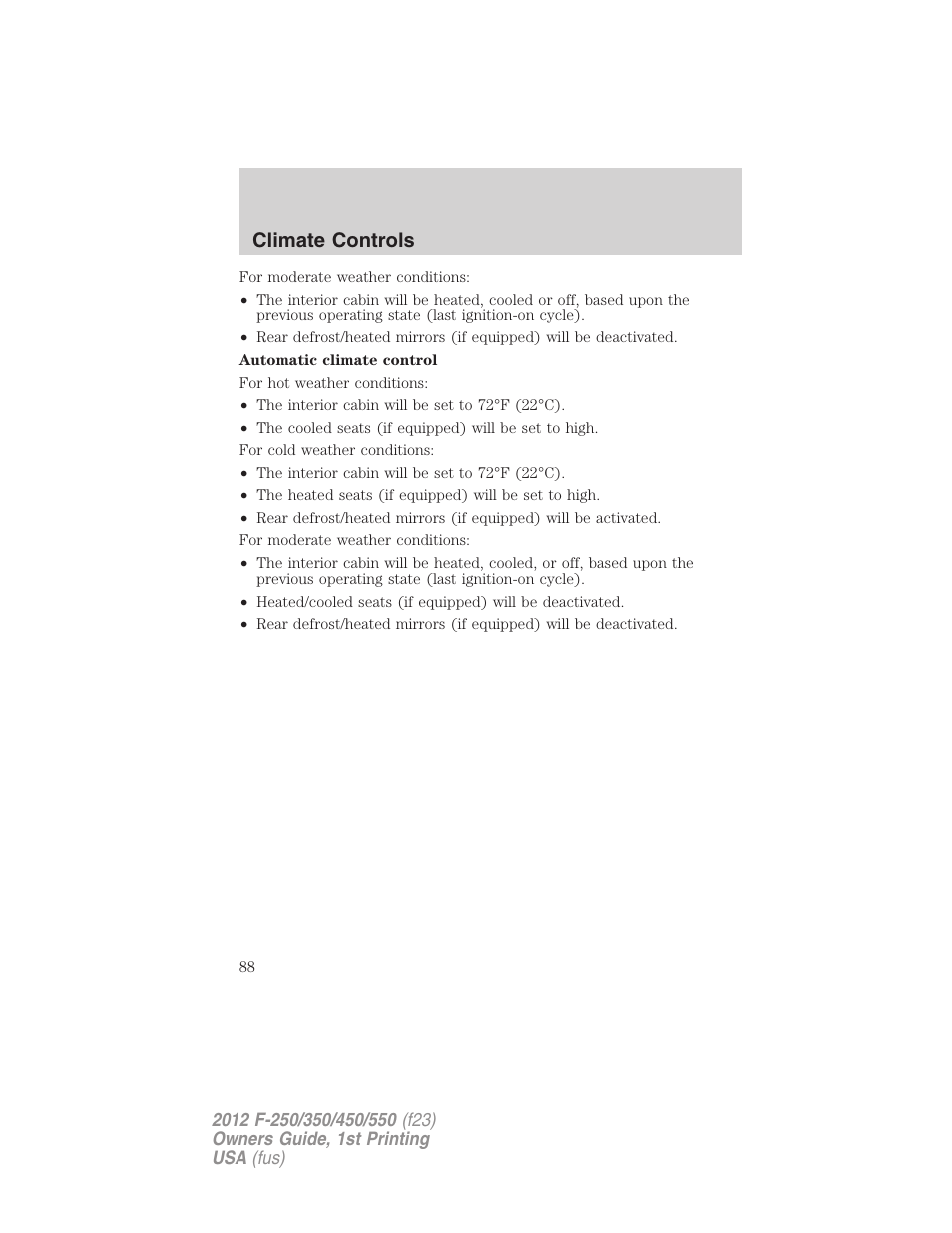 Climate controls | FORD 2012 F-550 v.1 User Manual | Page 88 / 454