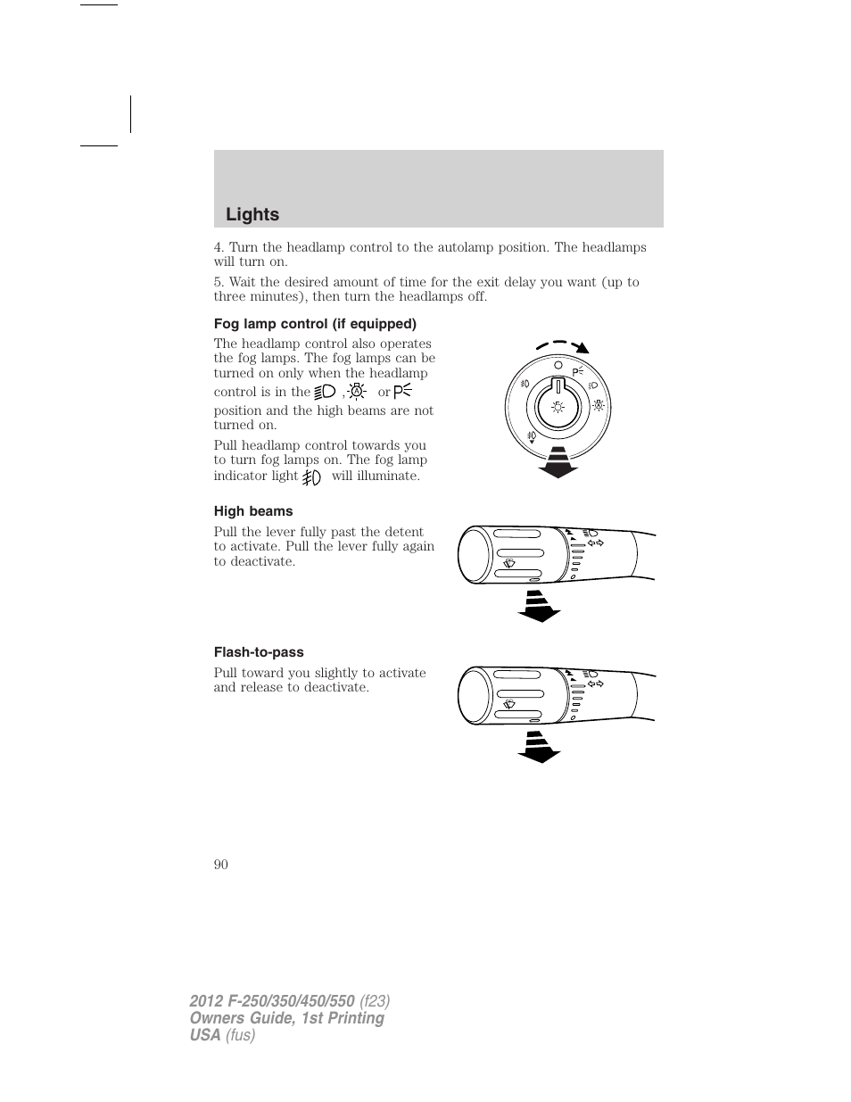 Fog lamp control (if equipped), High beams, Flash-to-pass | Lights | FORD 2012 F-550 v.1 User Manual | Page 90 / 454