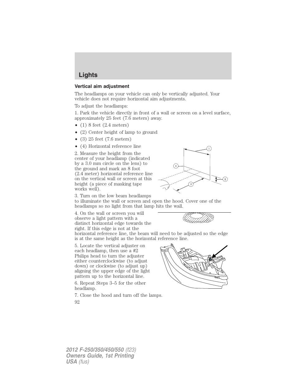 Vertical aim adjustment, Lights | FORD 2012 F-550 v.1 User Manual | Page 92 / 454
