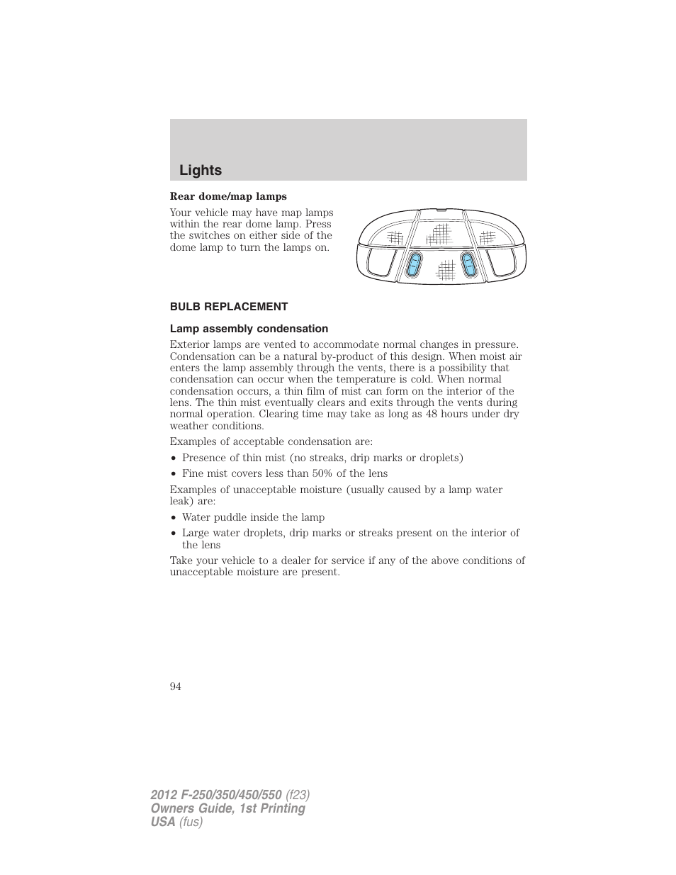 Bulb replacement, Lamp assembly condensation, Lights | FORD 2012 F-550 v.1 User Manual | Page 94 / 454