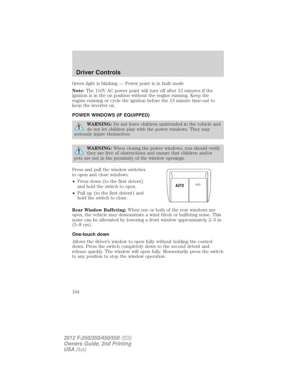 Power windows (if equipped), One-touch down, Power windows | Driver controls | FORD 2012 F-550 v.2 User Manual | Page 104 / 449