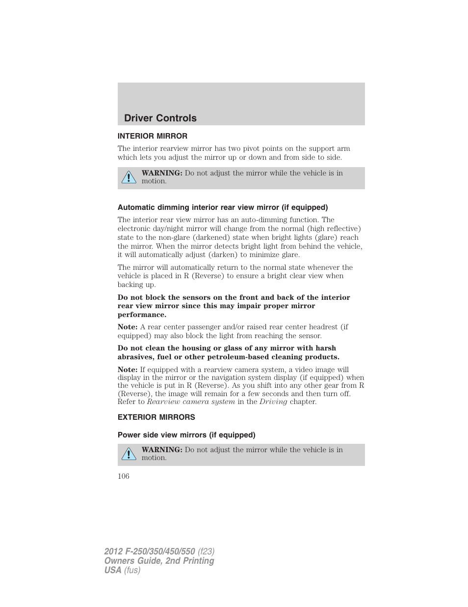 Interior mirror, Exterior mirrors, Power side view mirrors (if equipped) | Mirrors, Driver controls | FORD 2012 F-550 v.2 User Manual | Page 106 / 449