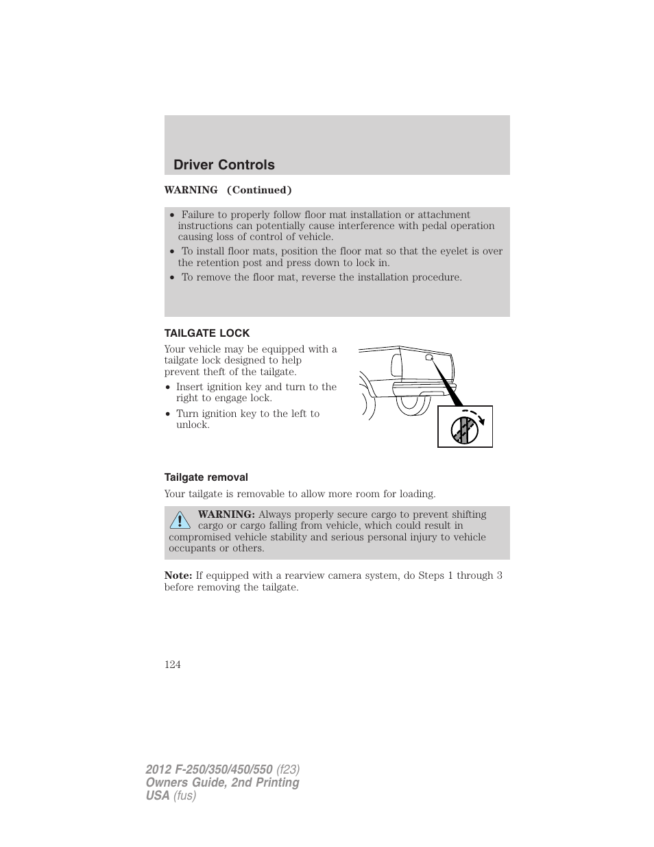 Tailgate lock, Tailgate removal, Driver controls | FORD 2012 F-550 v.2 User Manual | Page 124 / 449