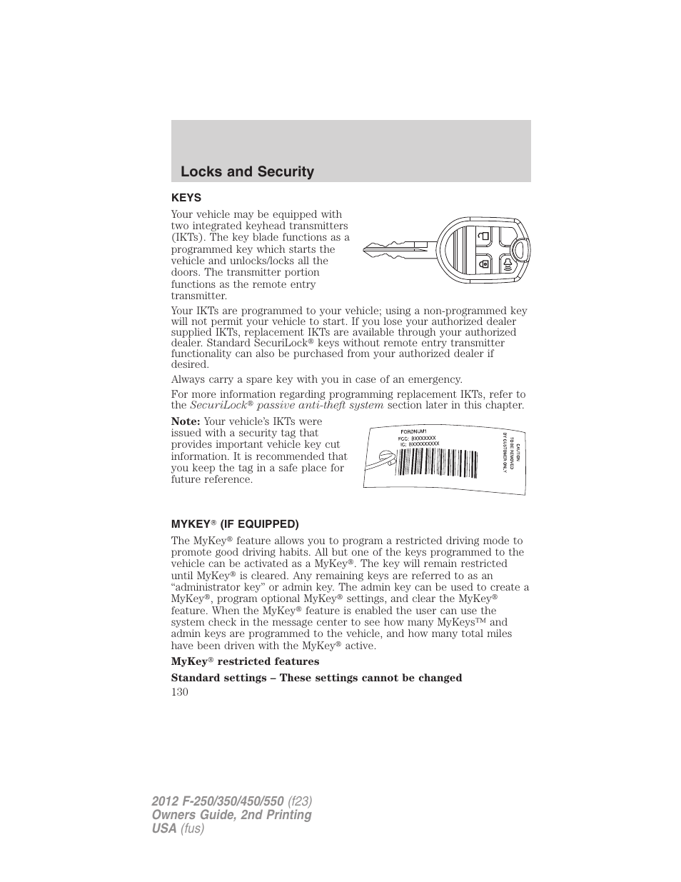 Locks and security, Keys, Mykey? (if equipped) | FORD 2012 F-550 v.2 User Manual | Page 130 / 449