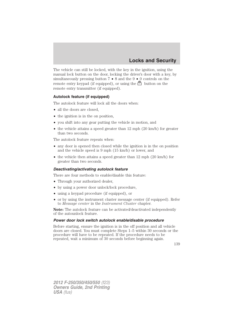 Autolock feature (if equipped), Deactivating/activating autolock feature, Locks and security | FORD 2012 F-550 v.2 User Manual | Page 139 / 449